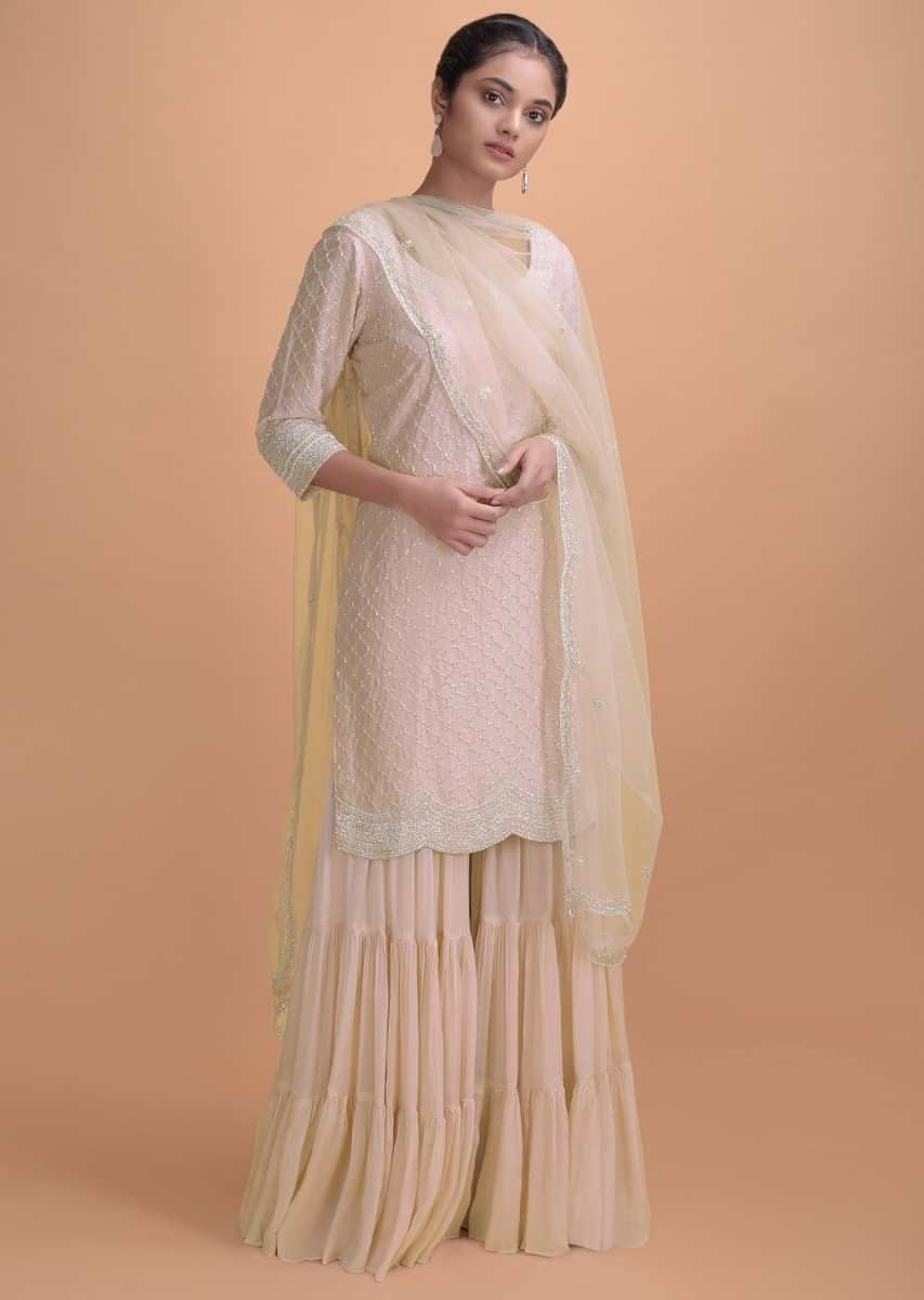Lemonade Pink Sharara Suit With Cut Dana Embroidery In Moroccan Pattern Online - Kalki Fashion