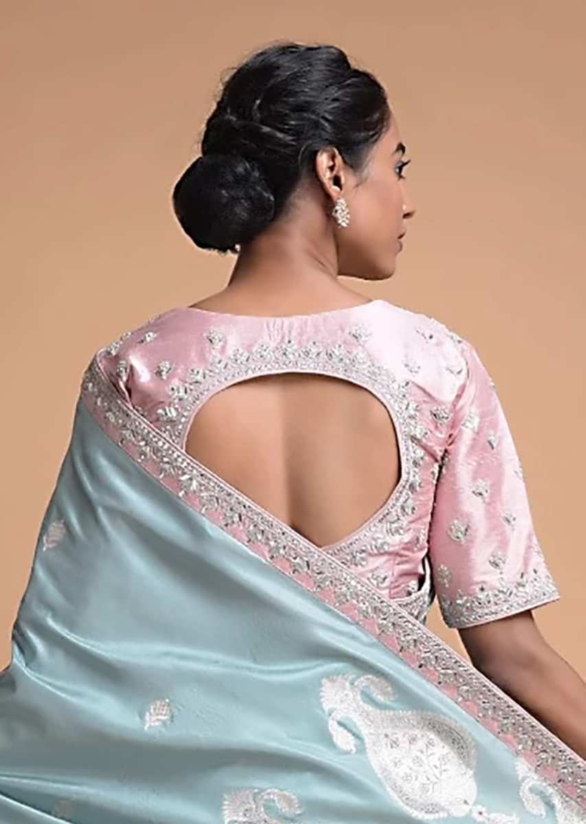 Lemonde Pink Blouse In Raw Silk With Zardosi Embroidered Buttis And Round Neckline Online - Kalki Fashion