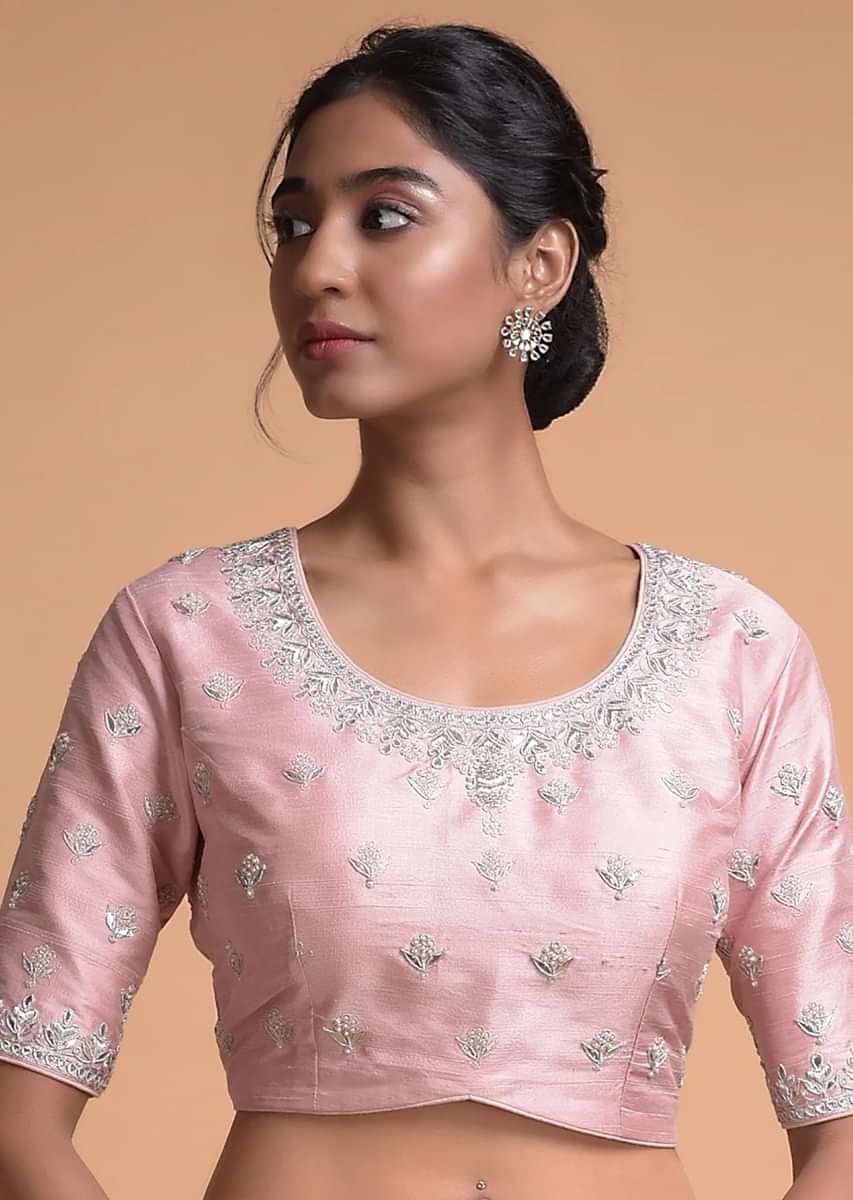 Lemonde Pink Blouse In Raw Silk With Zardosi Embroidered Buttis And Round Neckline Online - Kalki Fashion
