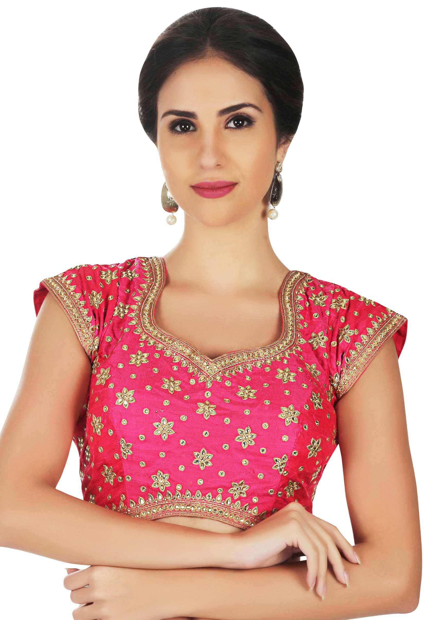 Hot pink blouse with kundan and thread embrodered butti only on Kalki