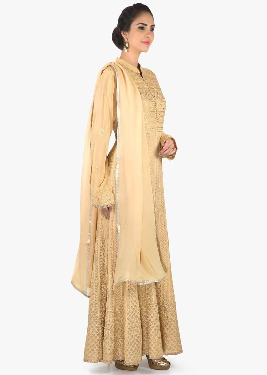 Beige suit in georgette with resham and thread embroidery only on Kalki