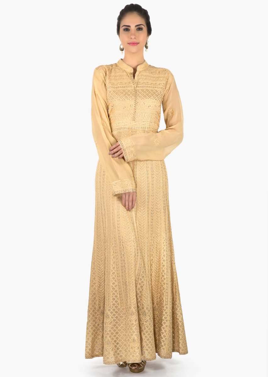 Beige suit in georgette with resham and thread embroidery only on Kalki