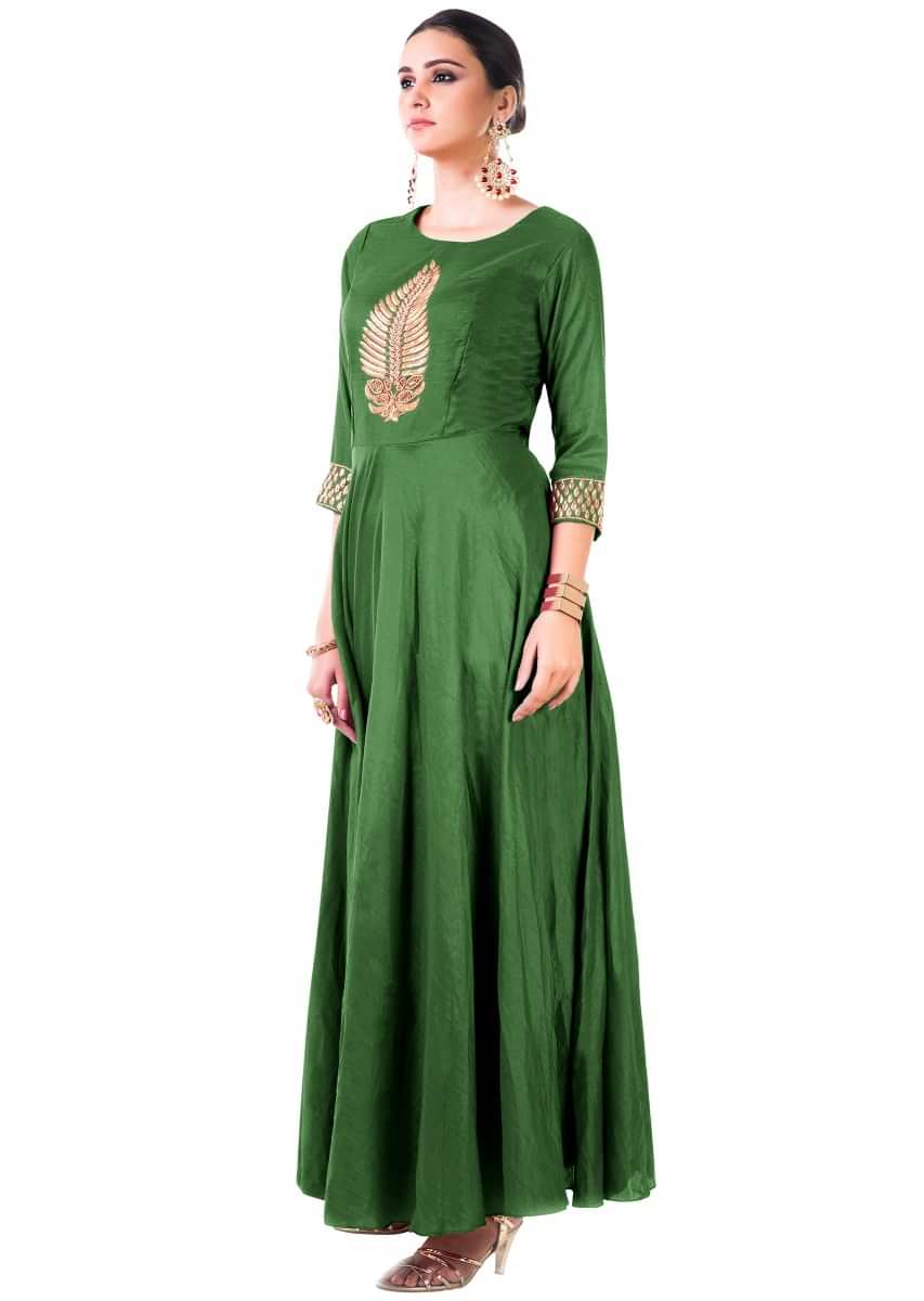 Bottle Green Leaf Hand Embroidered Silk Anarkali Gown