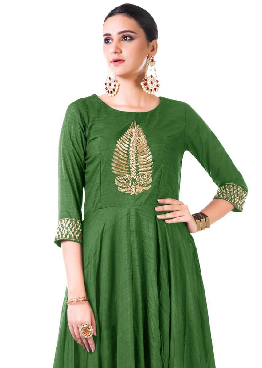 Bottle Green Leaf Hand Embroidered Silk Anarkali Gown