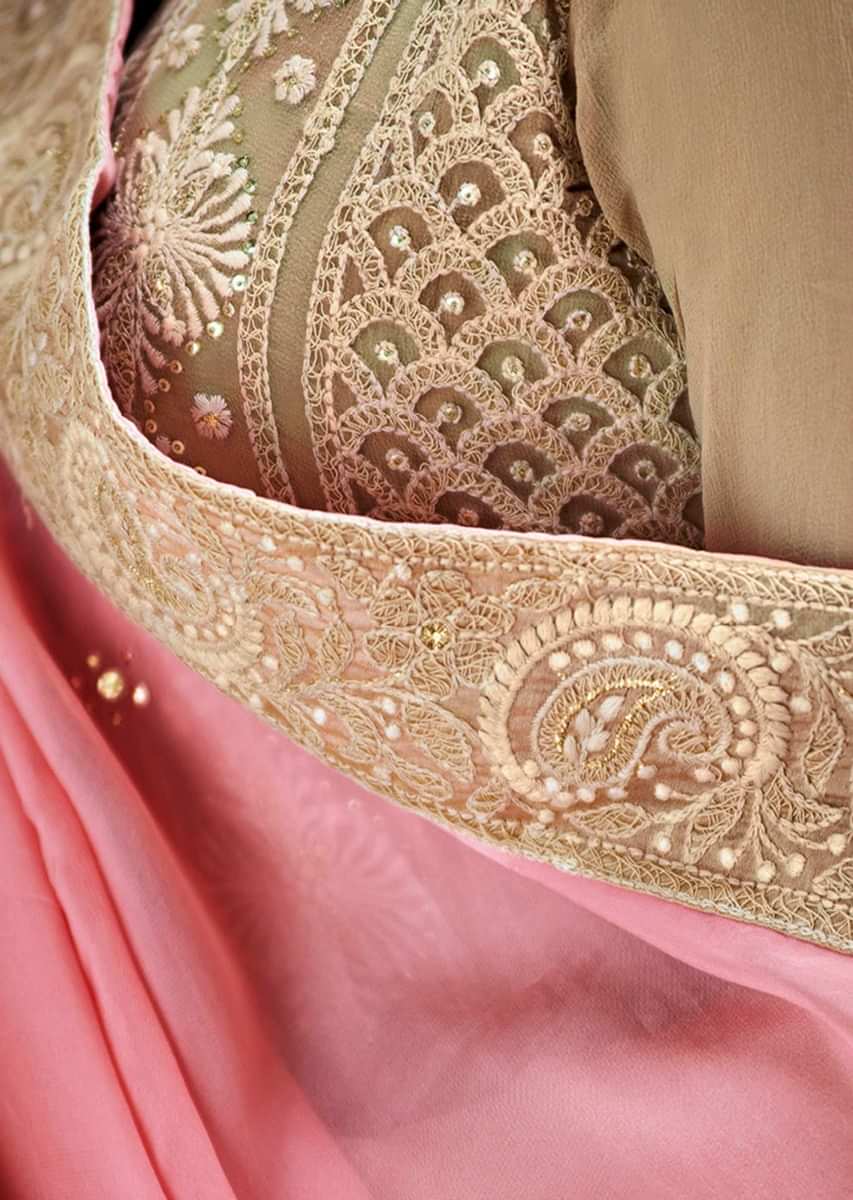 Light Brown Straight Suit In Chiffon With Thread Panel Embroidery Online - Kalki Fashion