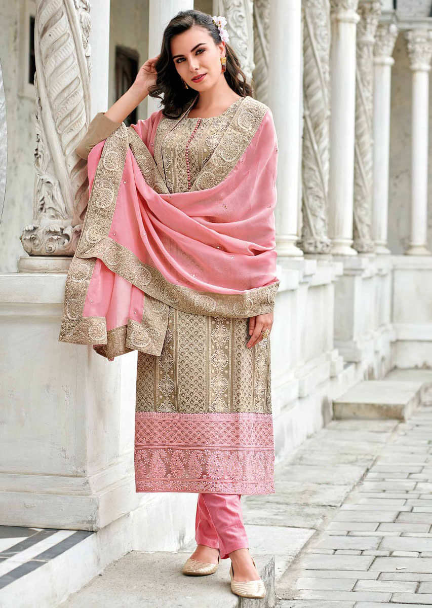 Light Brown Straight Suit In Chiffon With Thread Panel Embroidery Online - Kalki Fashion