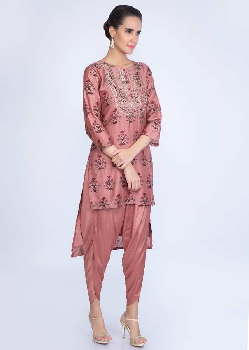 Light coral top in printed butti with  santoon dhoti pant  only on kalki