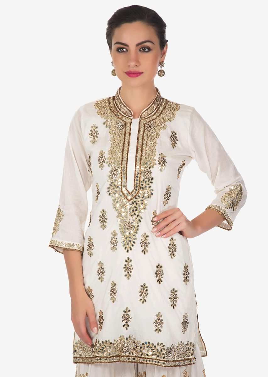 Cream Straight Sharara Suit With Kundan And Zari Embroidery All Over Online - Kalki Fashion