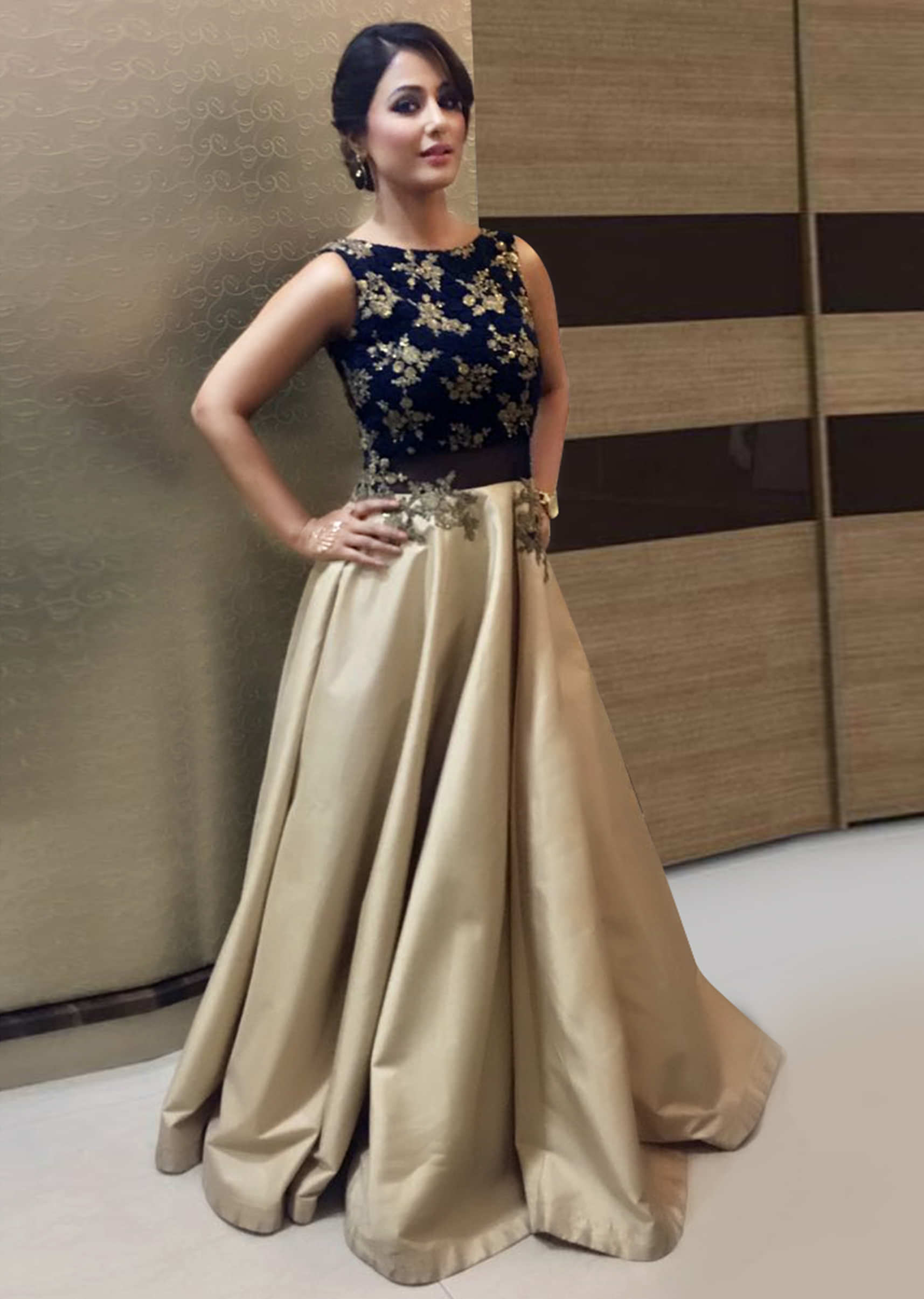 Hina Khan in Kalki light gold gown with paisley motif embroidery