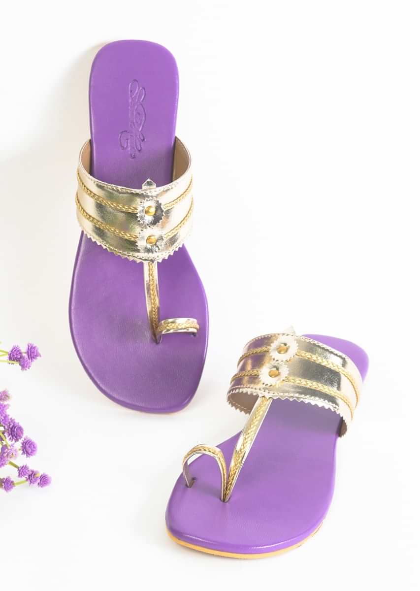 Light Gold Kolhapuri Flats With Purple Sole By Sole House