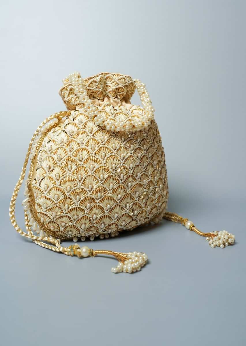 Light Gold Potli Bag In Satin Silk Adorned With Thread And Beads Embroidered Scallop