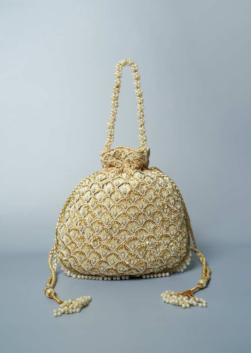 Light Gold Potli Bag In Satin Silk Adorned With Thread And Beads Embroidered Scallop