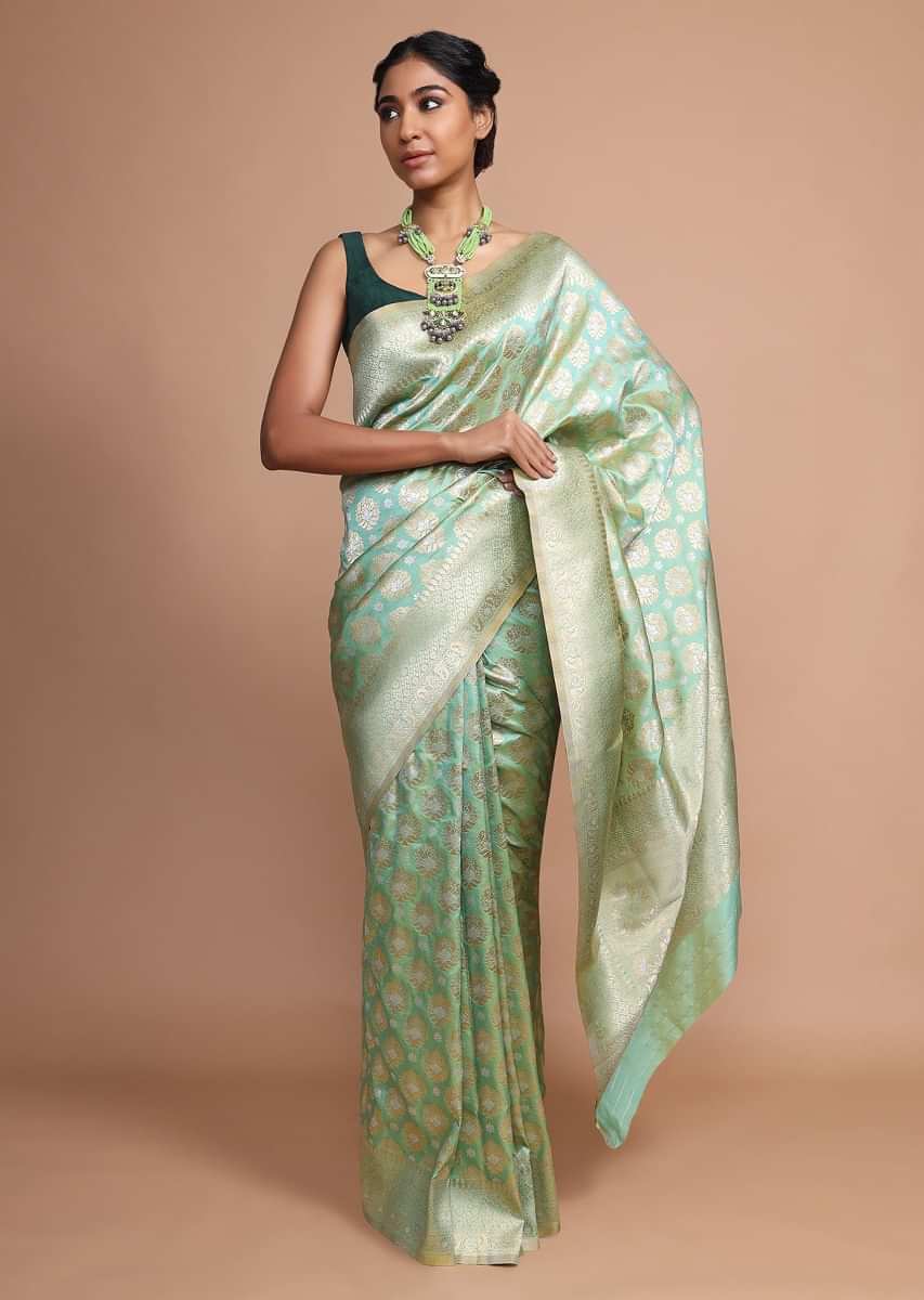Light Green art handloom Saree In Silk With Weaved Floral Buttis