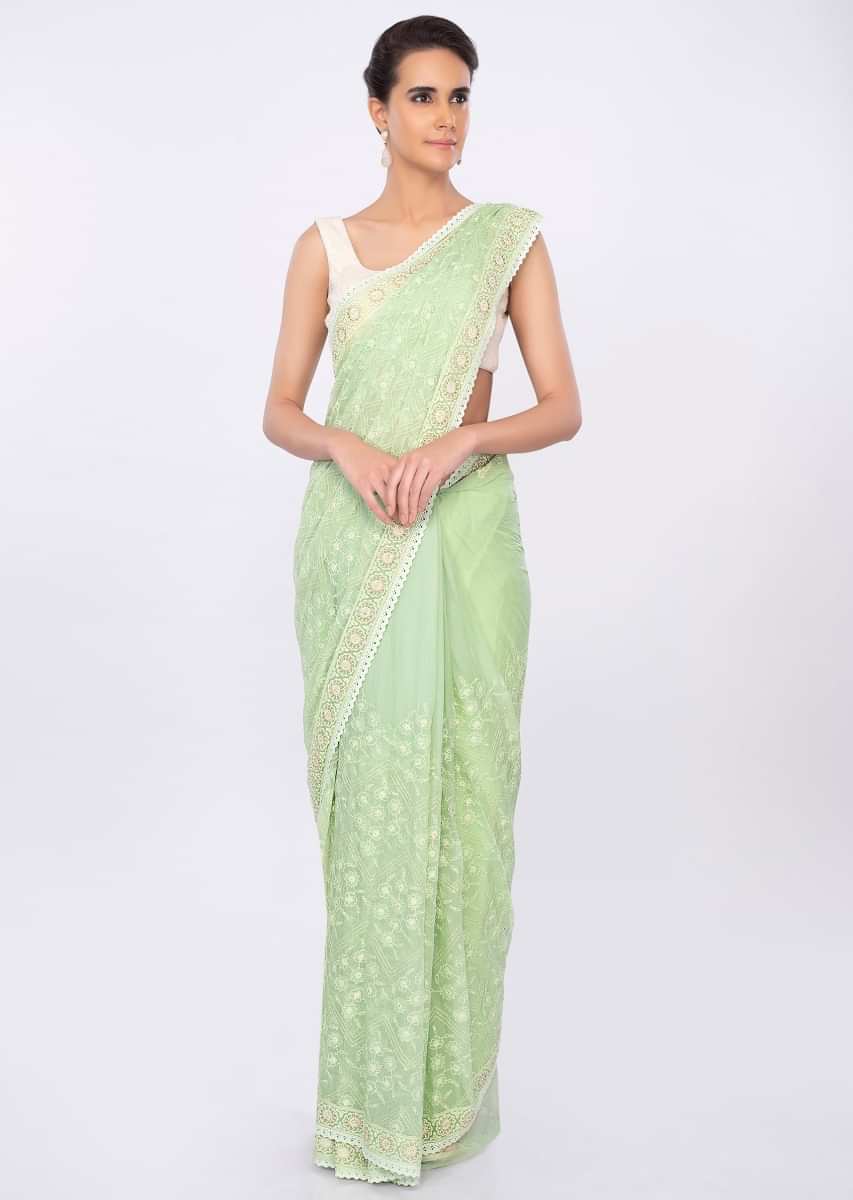 Light green chiffon saree with thread jaal work only on kalki