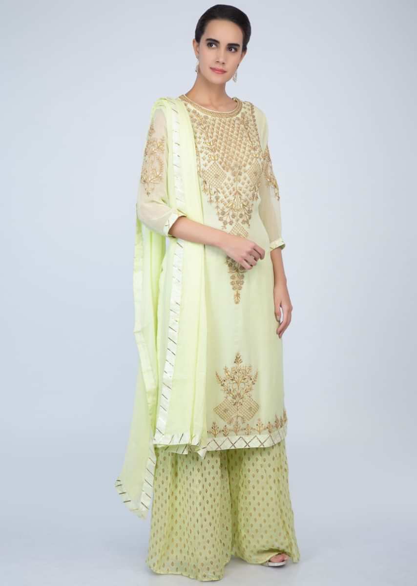 Light Green Palazzo Suit Set In Georgette With Embroidery Online - Kalki Fashion