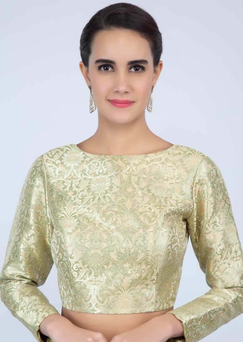 Light Green Blouse In Brocade With High Neck Online - Kalki Fashion