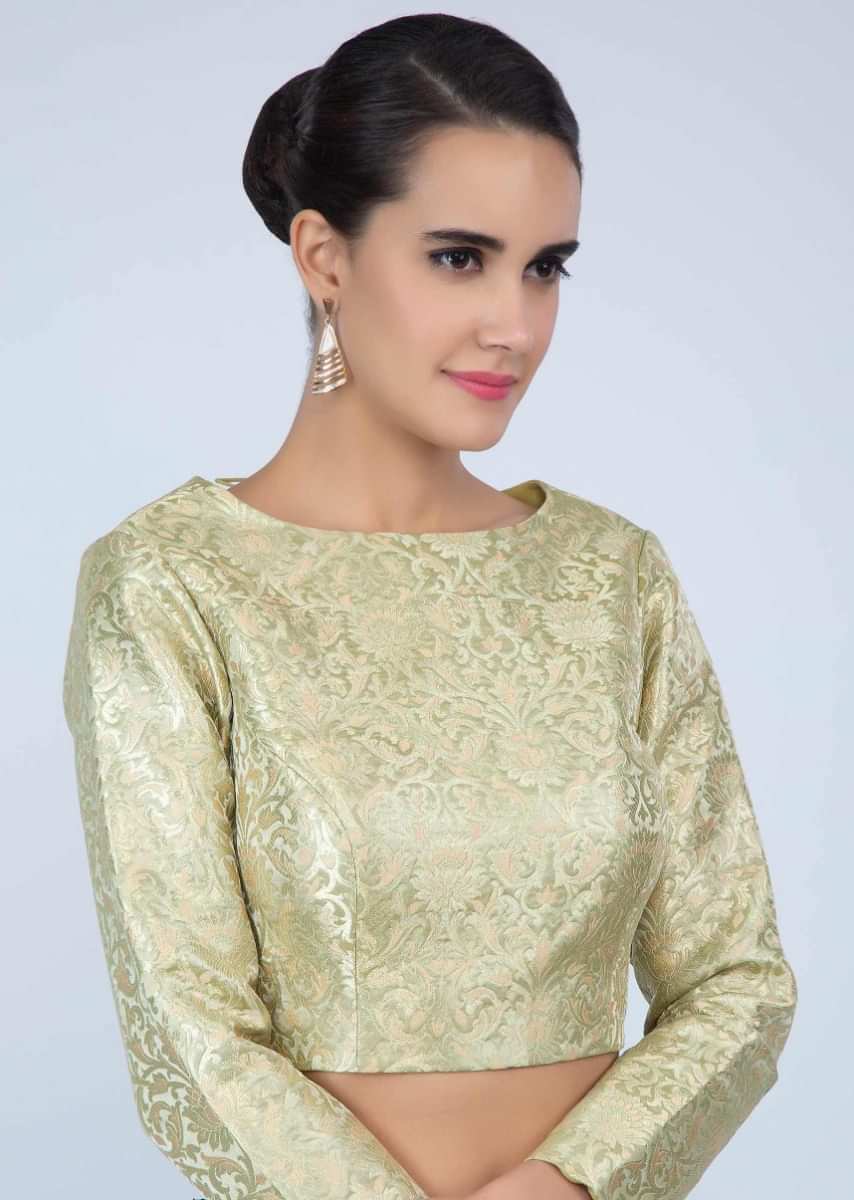 Light Green Blouse In Brocade With High Neck Online - Kalki Fashion