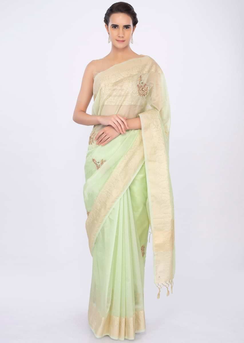 Light green organza saree with embroidered butti only on kalki