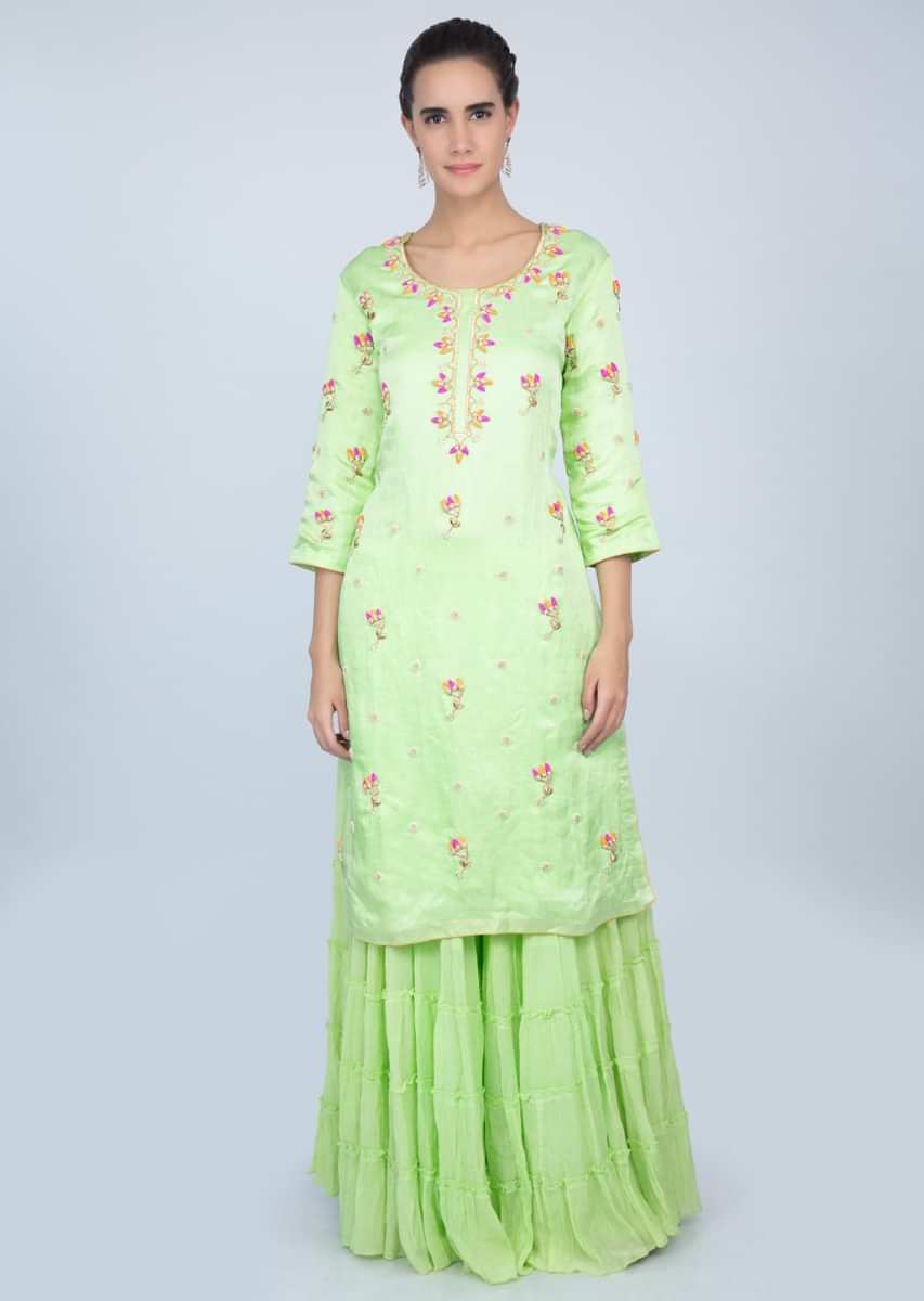 Light Green Sharara Suit With Floral Embroidered Butti Online - Kalki Fashion