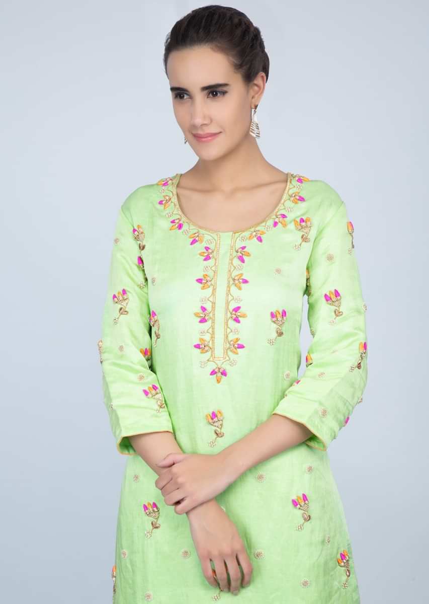 Light Green Sharara Suit With Floral Embroidered Butti Online - Kalki Fashion