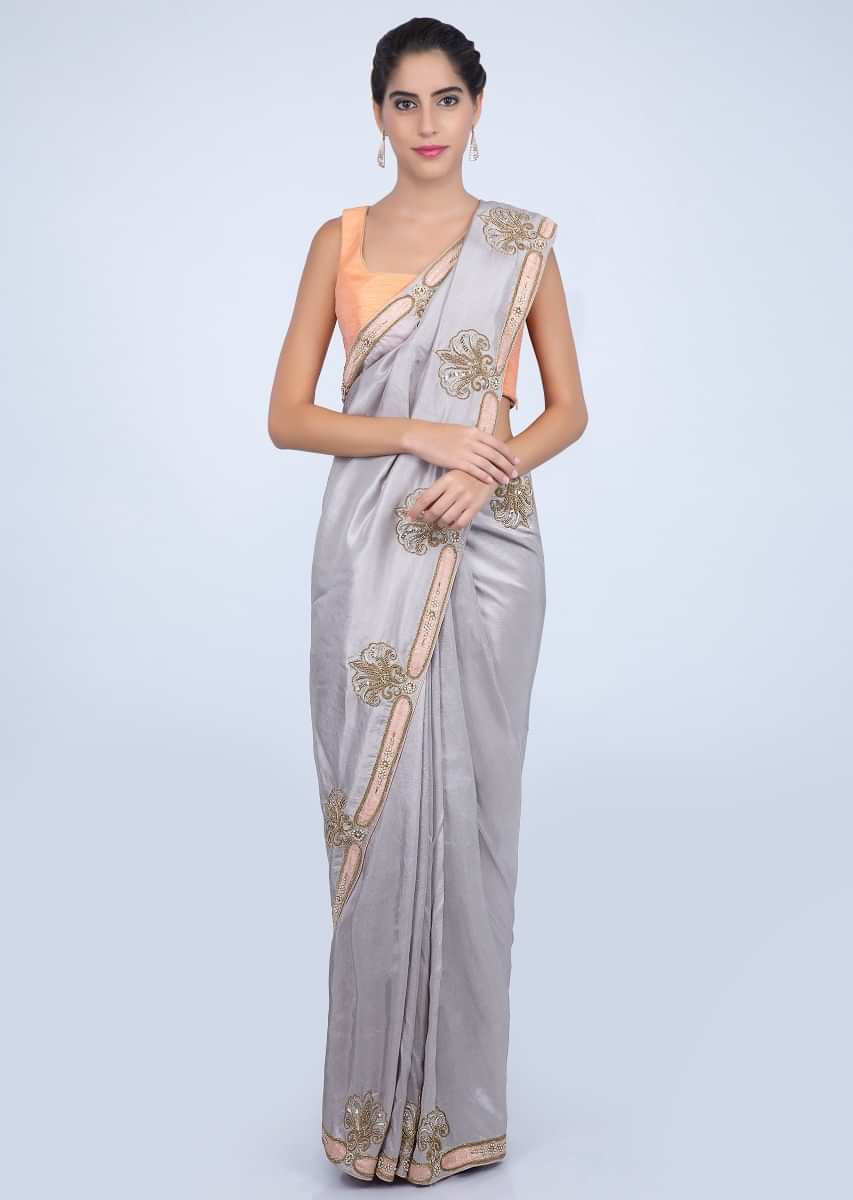 Light Grey Saree In Dupion Silk With Beautiful Detailed Border Online - Kalki Fashion