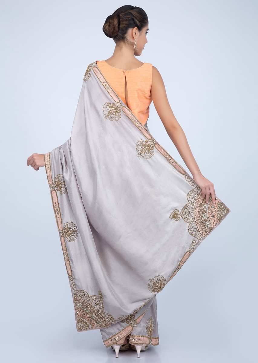 Light Grey Saree In Dupion Silk With Beautiful Detailed Border Online - Kalki Fashion