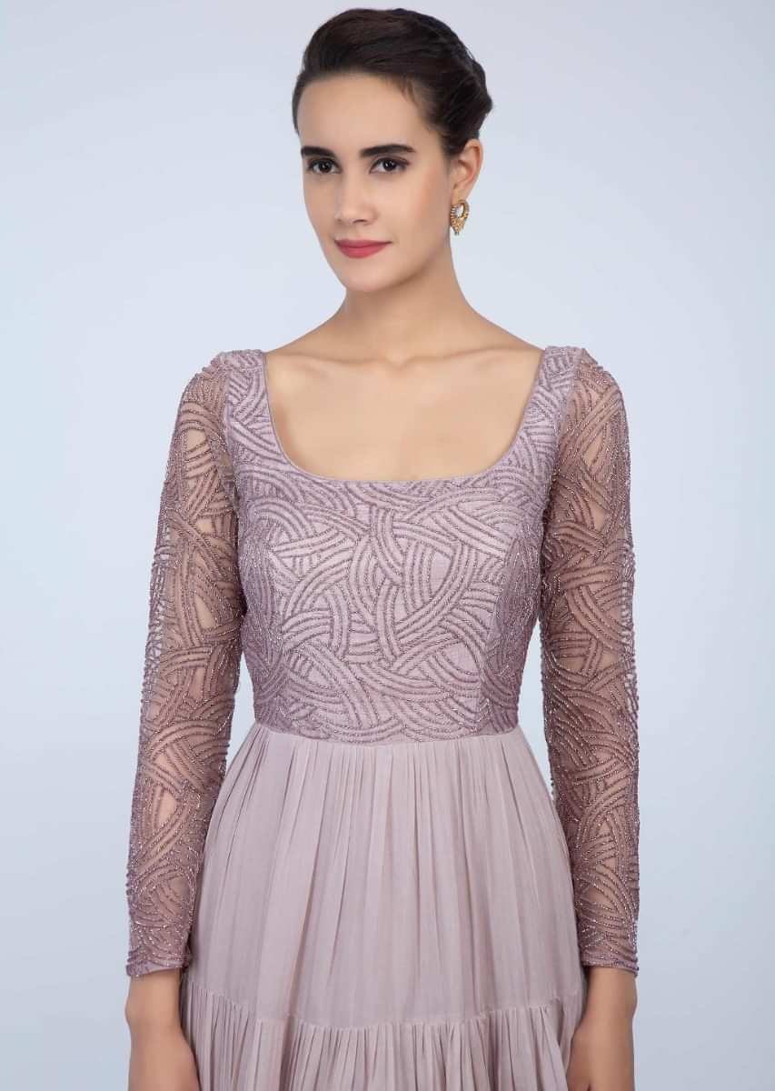 Light Lilac Gown With Embroidered Net Bodice And Gathers All Over Online - Kalki Fashion