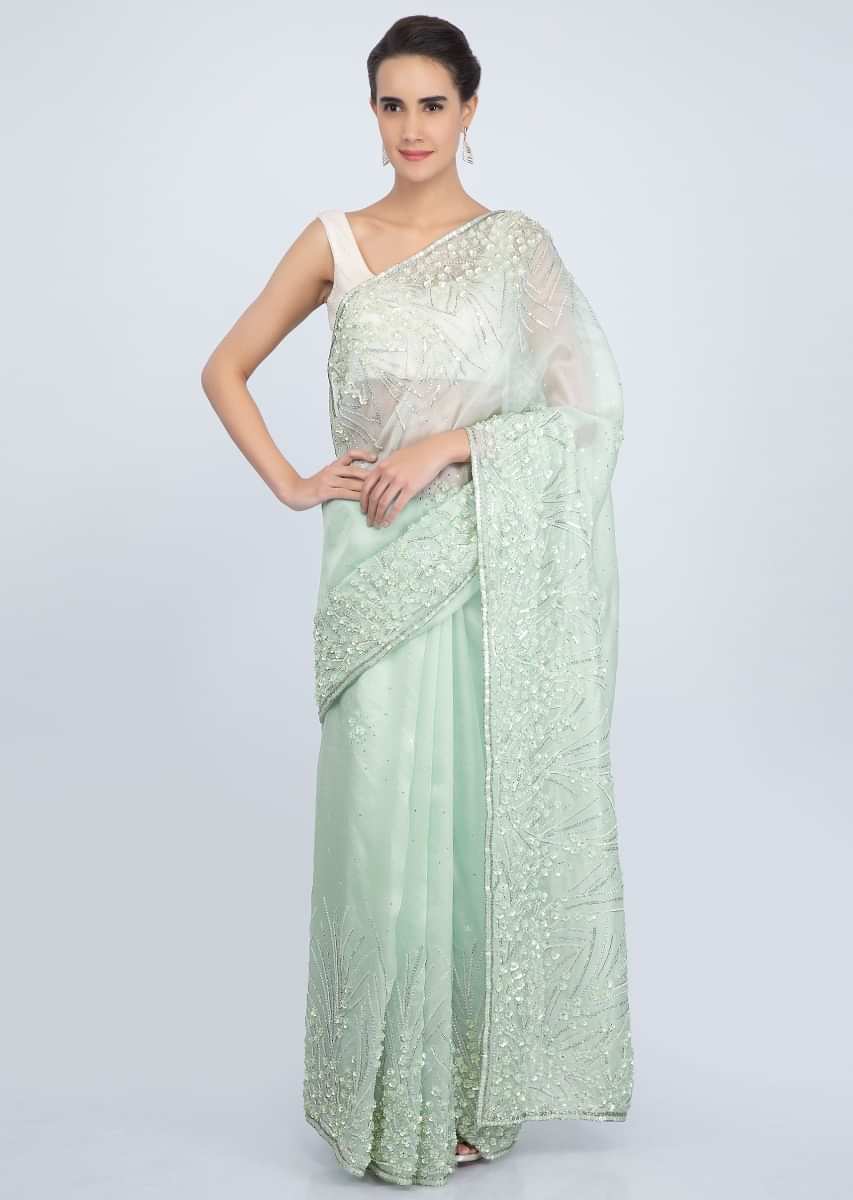 Mint Organza Saree With Embroidered Butti And Border Online - Kalki Fashion