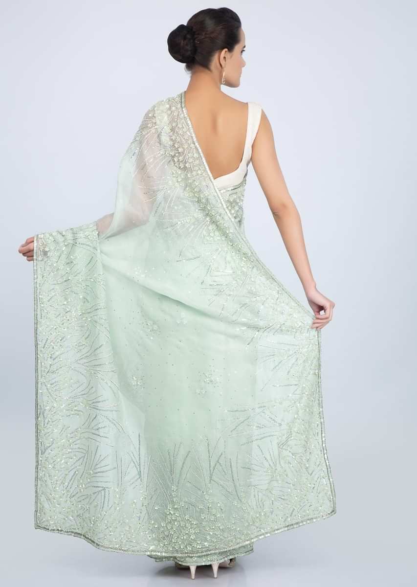 Mint Organza Saree With Embroidered Butti And Border Online - Kalki Fashion