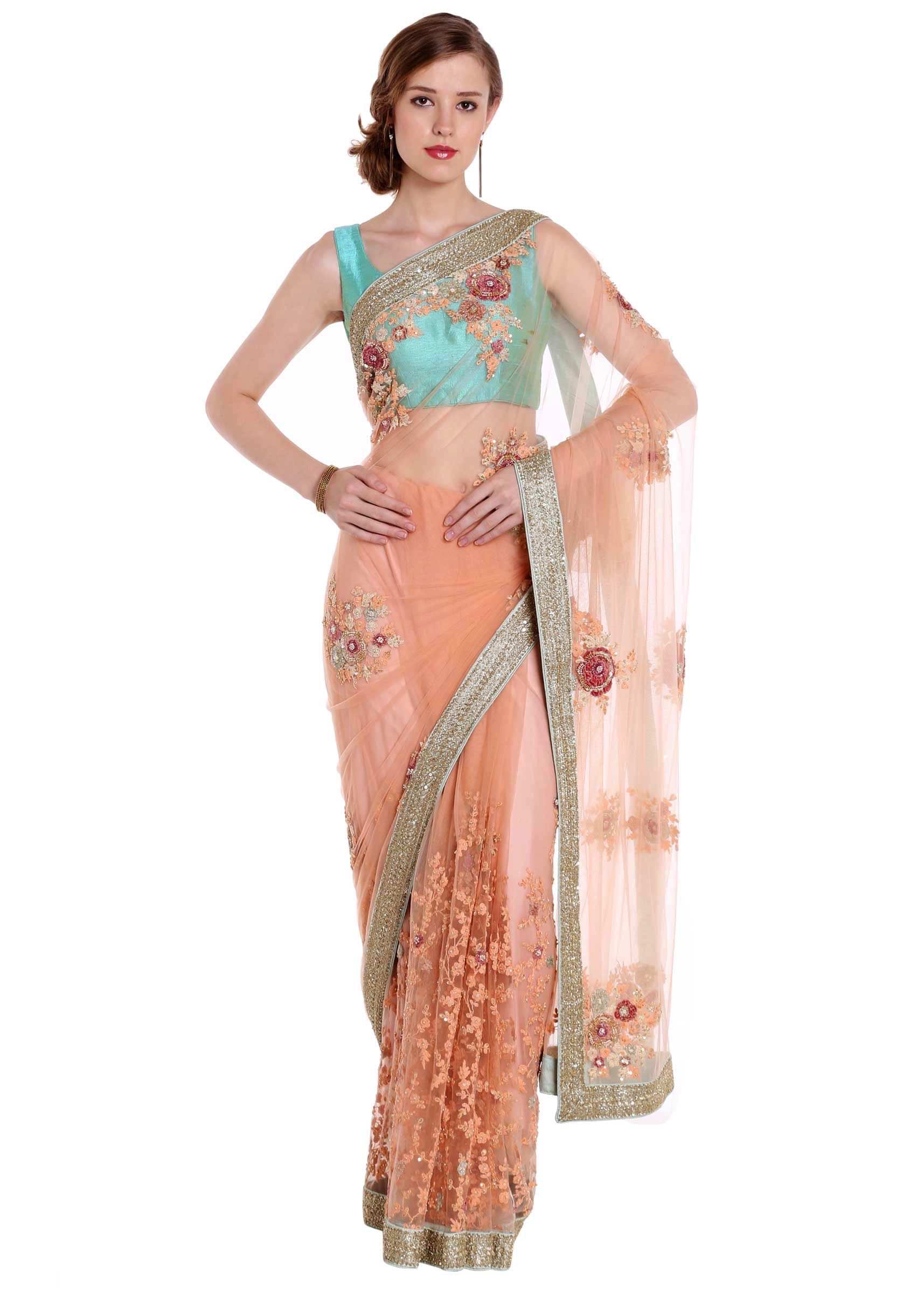 Light Orange Saree In Net With Floral Applique Embroidery Online - Kalki Fashion