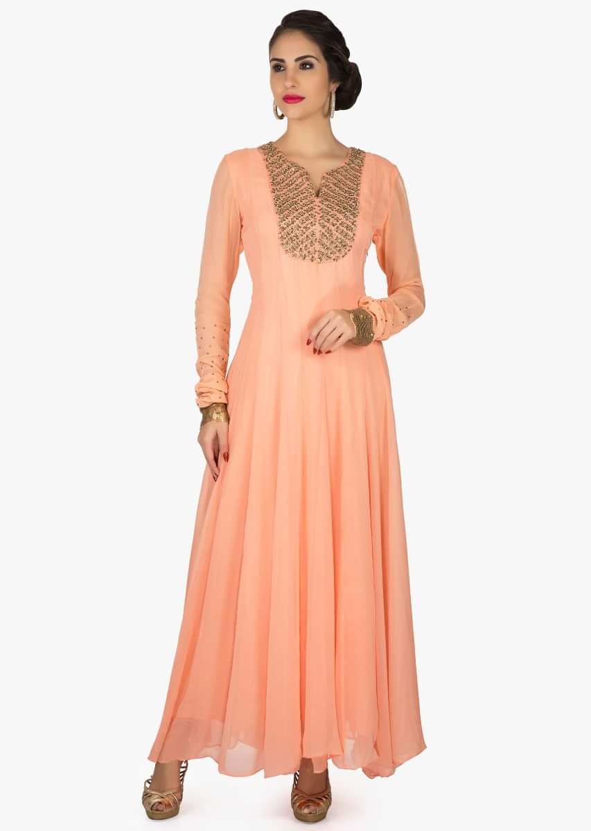 Peach anarkali suit in georgette with embroidered placket only on Kalki