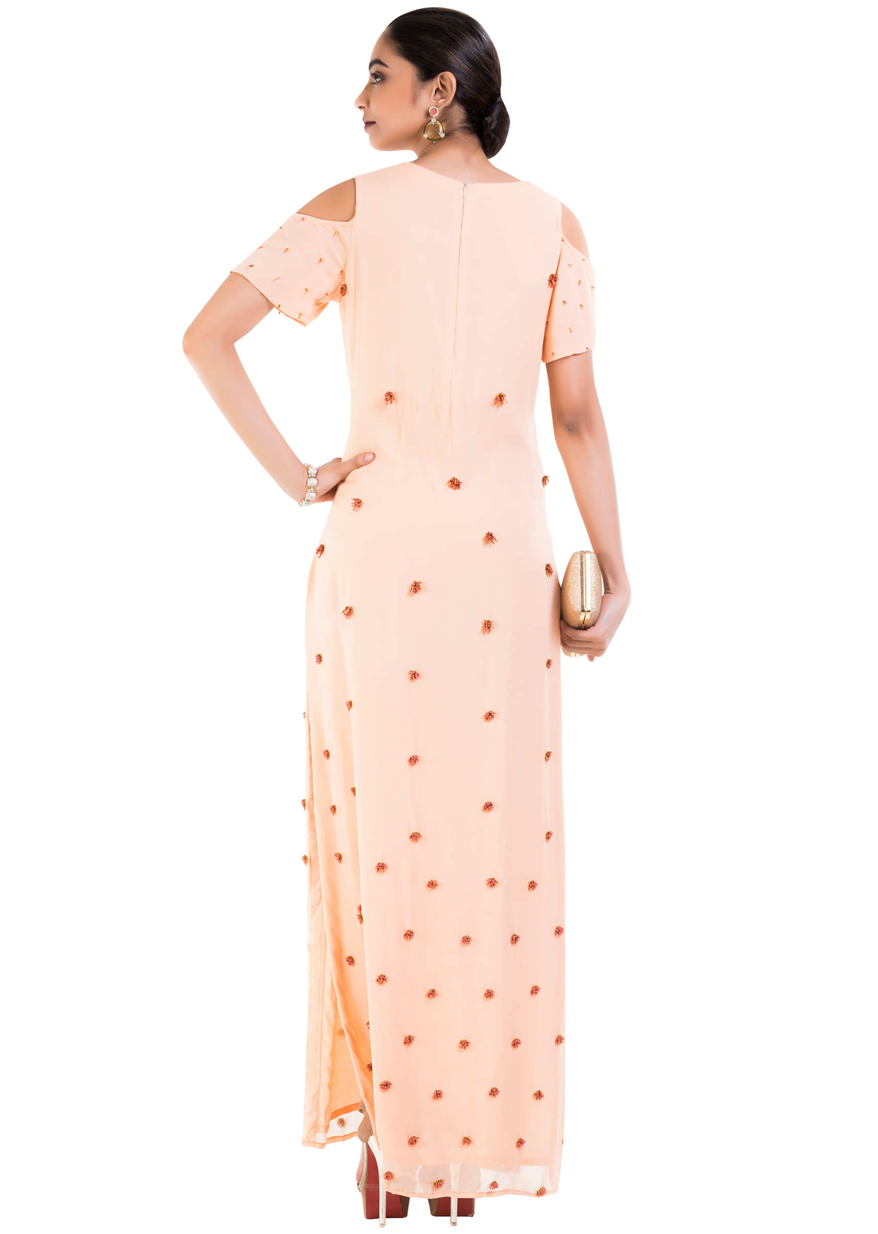 Light Peach Cold Shoulder Long Maxi With One Side slit