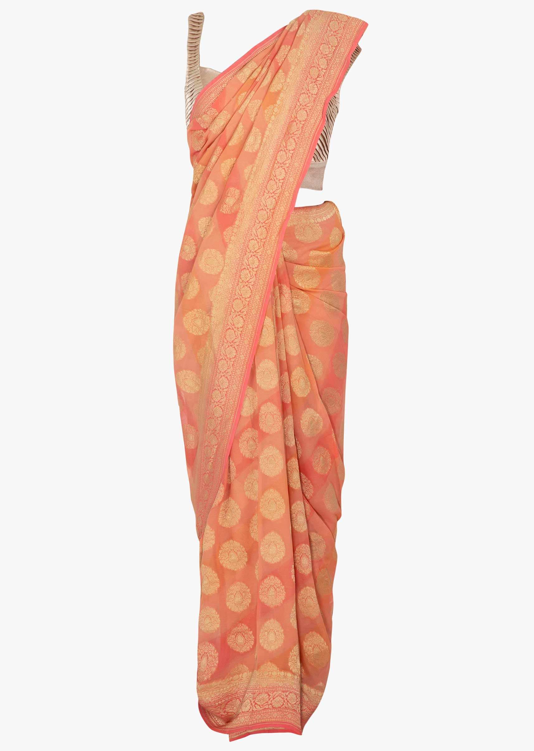 Light peach georgette saree in stripes and weaved butti