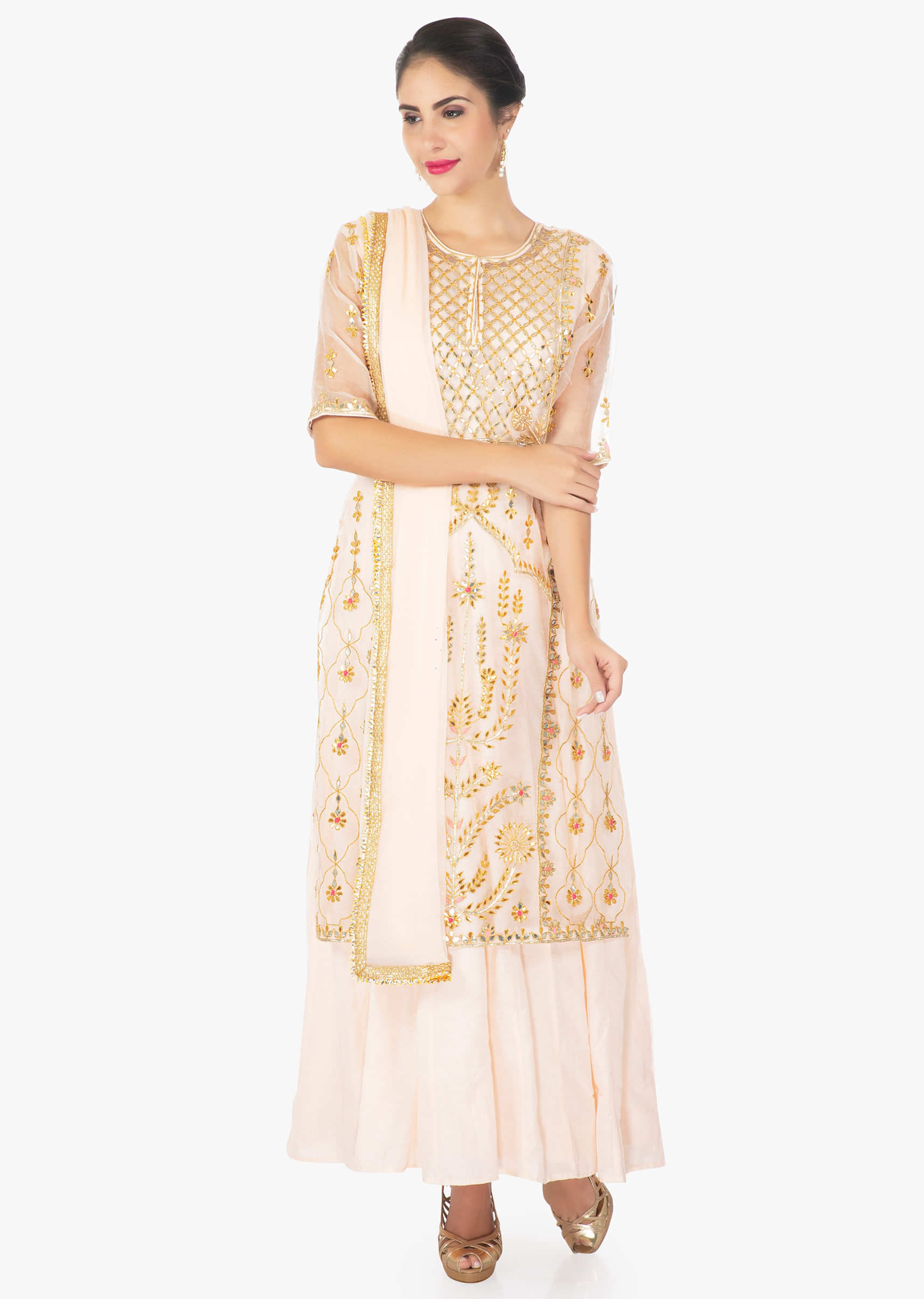Light peach organza silk top matched with cotton inner and chiffon dupatta