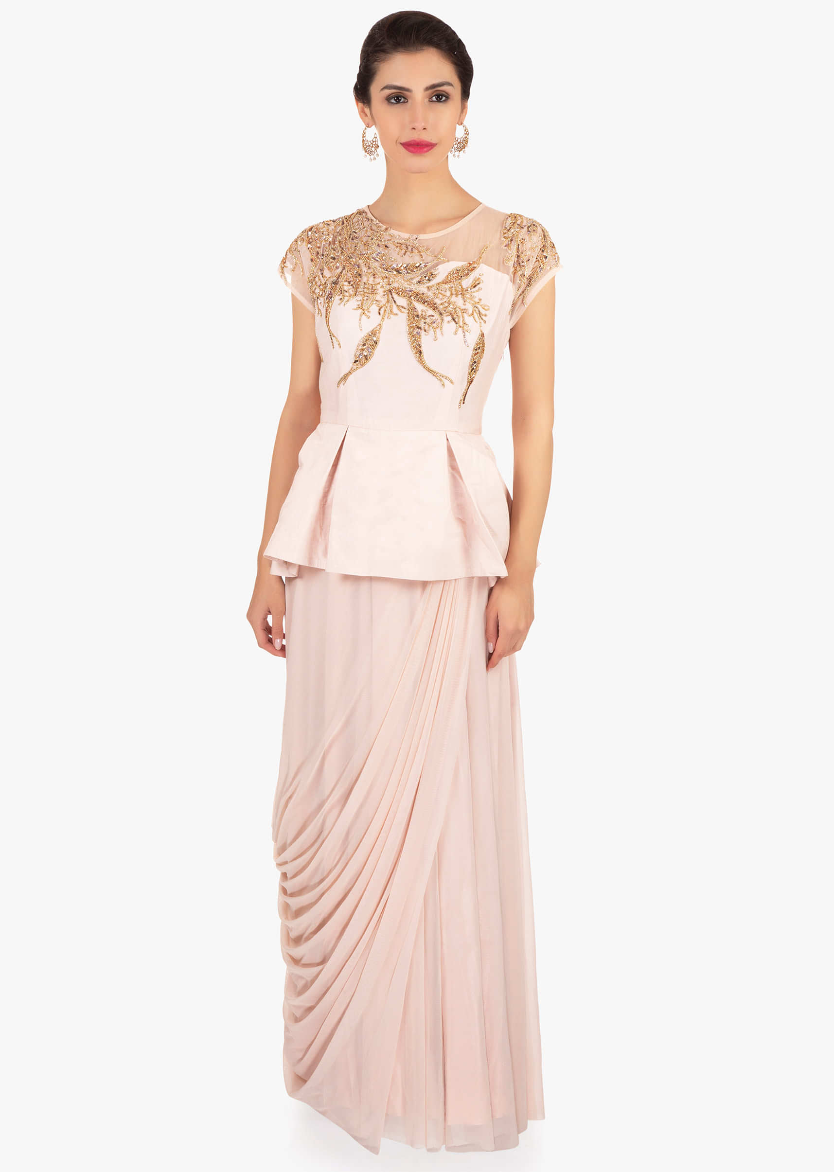 Light peach soft net gown with peplum style bodice