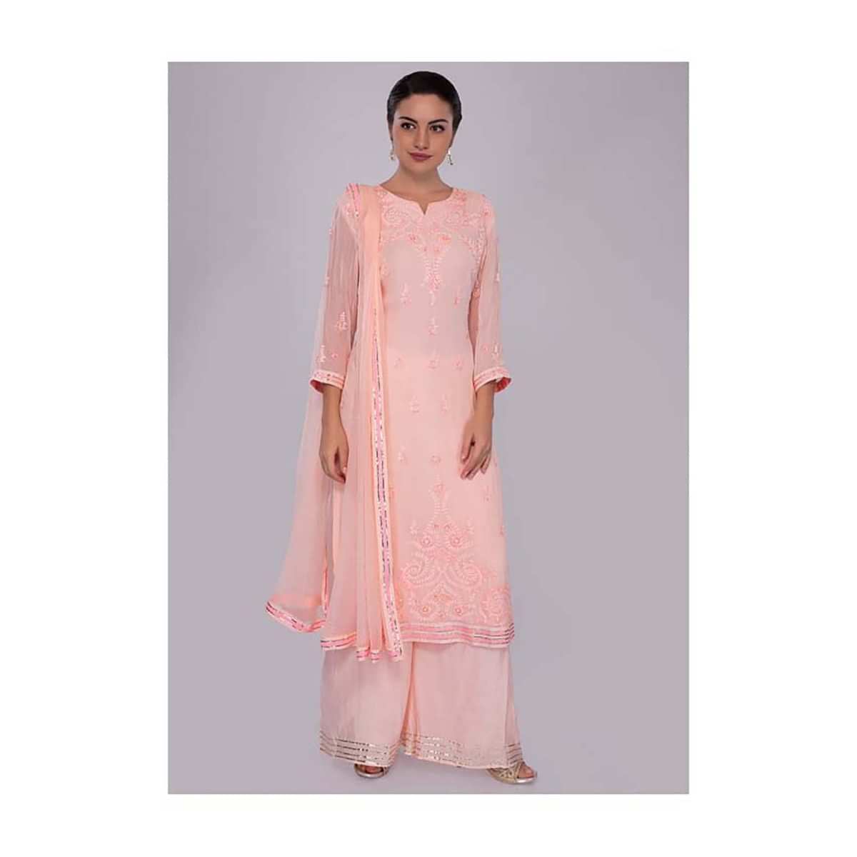 Light Peach Suit Set In Self Thread Embroidered Butti And Border Online - Kalki Fashion