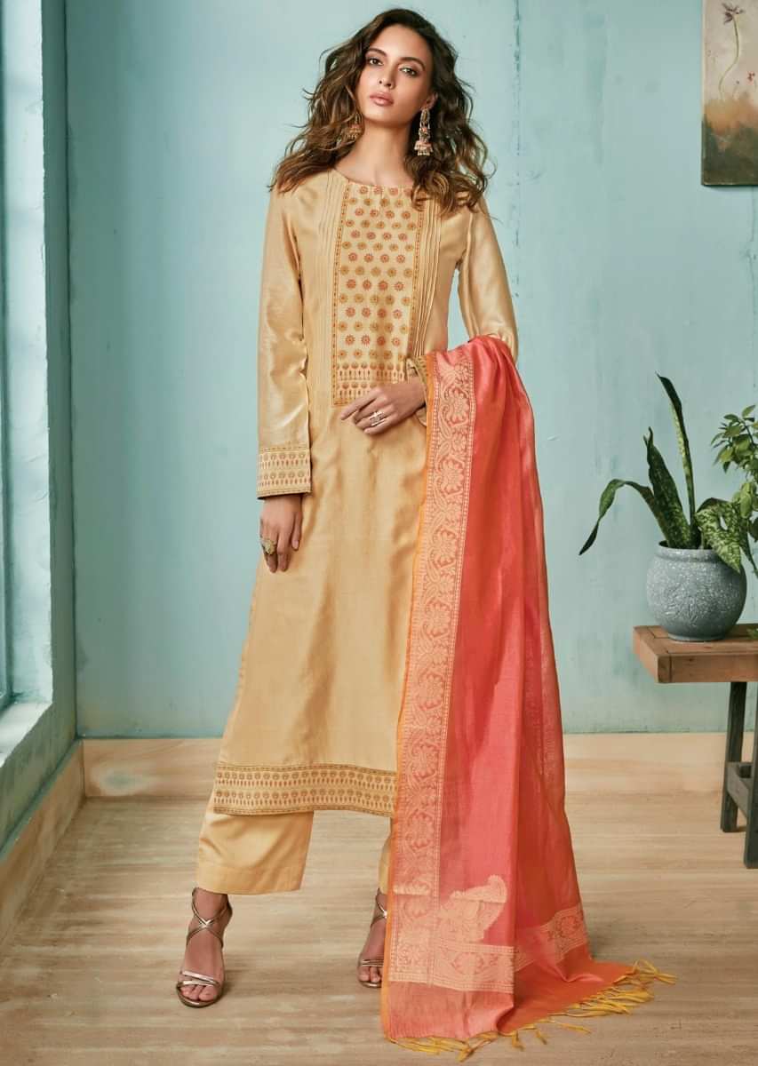 Light peach unstitched suit adorn in geometric motif printed placket matched with peach dupatta
