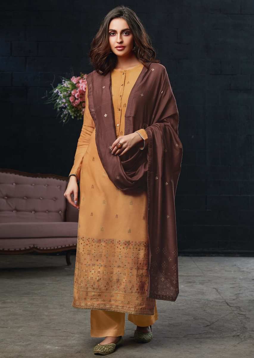 Light peach unstitched suit in cotton silk with brown dupatta