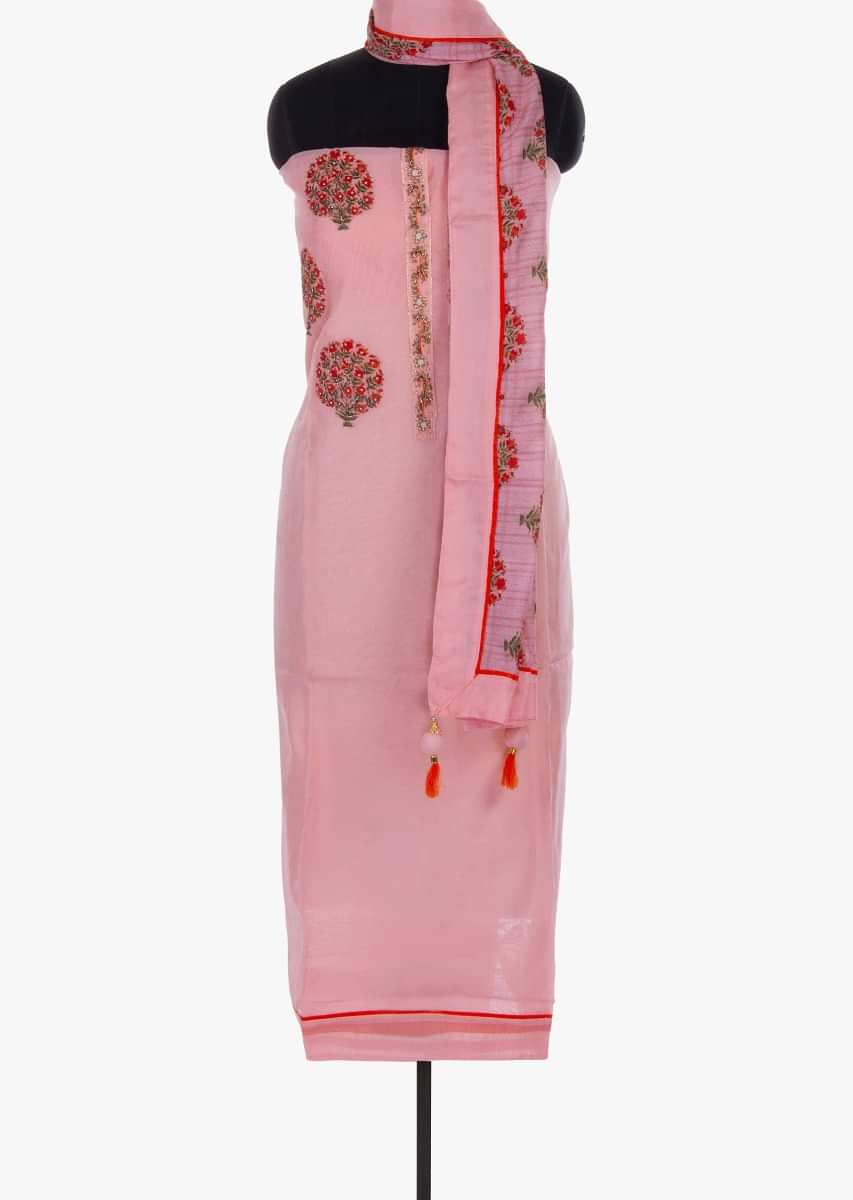 Light pink cotton silk unstitched suit in printed floral butti 