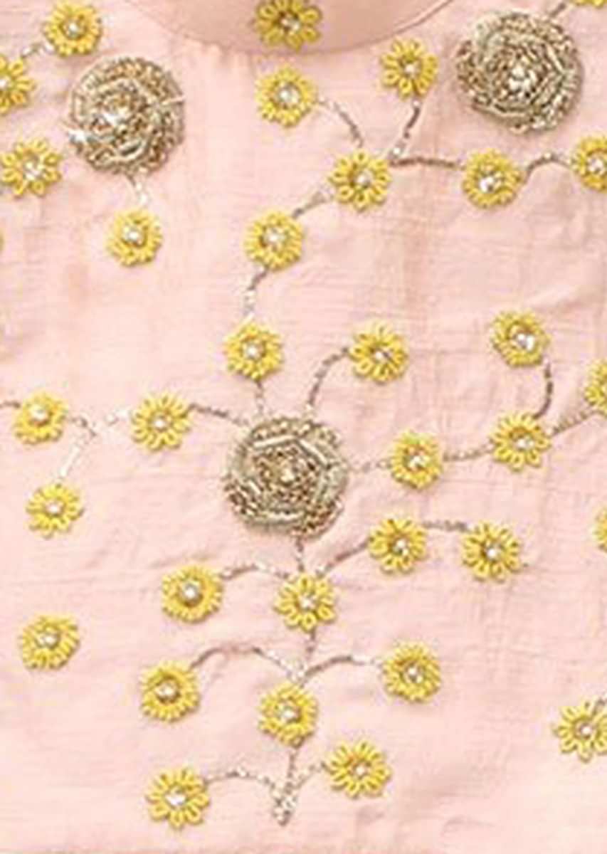 Light Pink Crop Top In Floral Jaal Embroidery Matched With Mustard Palazzo Skirt Online - Kalki Fashion