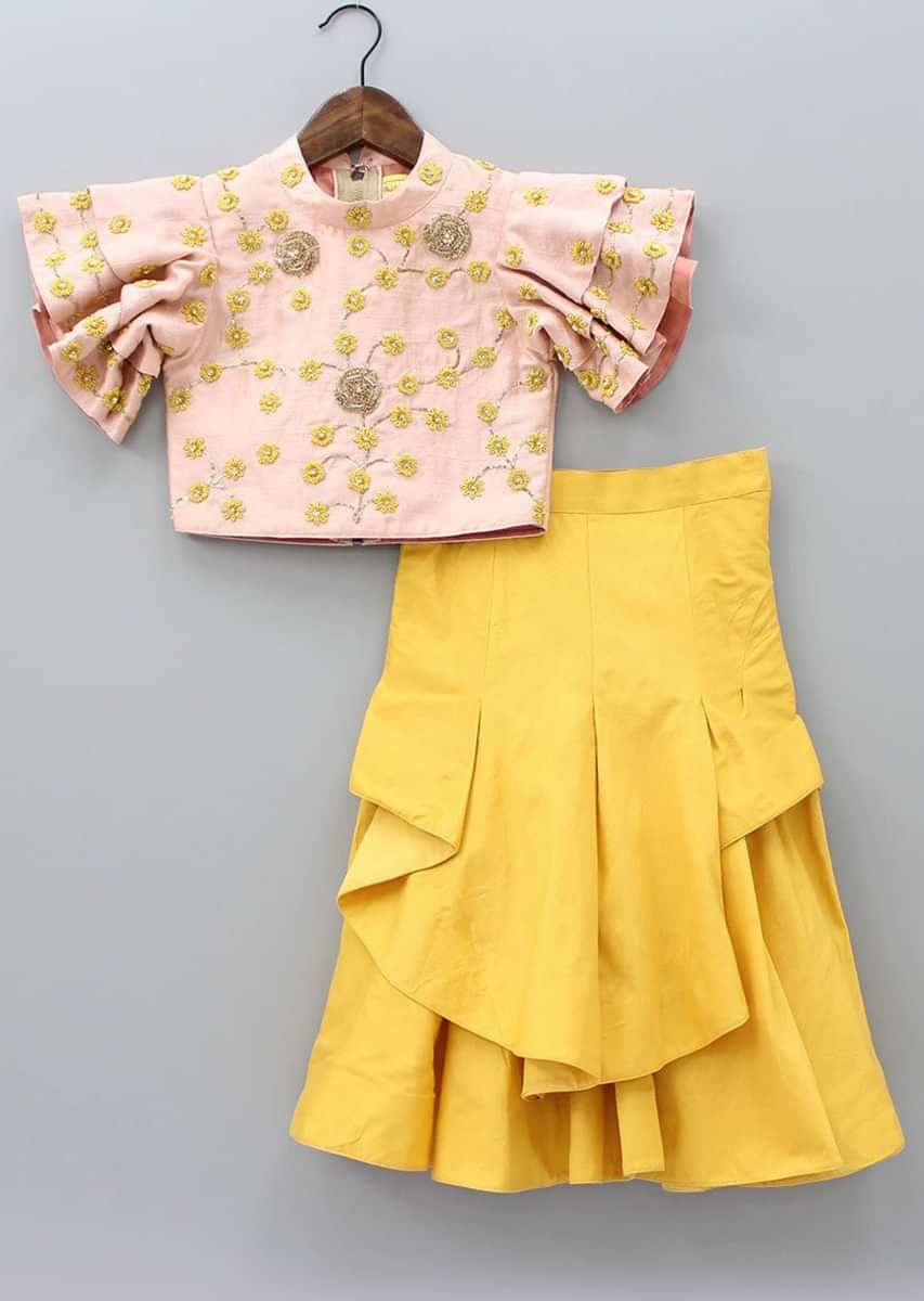 Light Pink Crop Top In Floral Jaal Embroidery Matched With Mustard Palazzo Skirt Online - Kalki Fashion