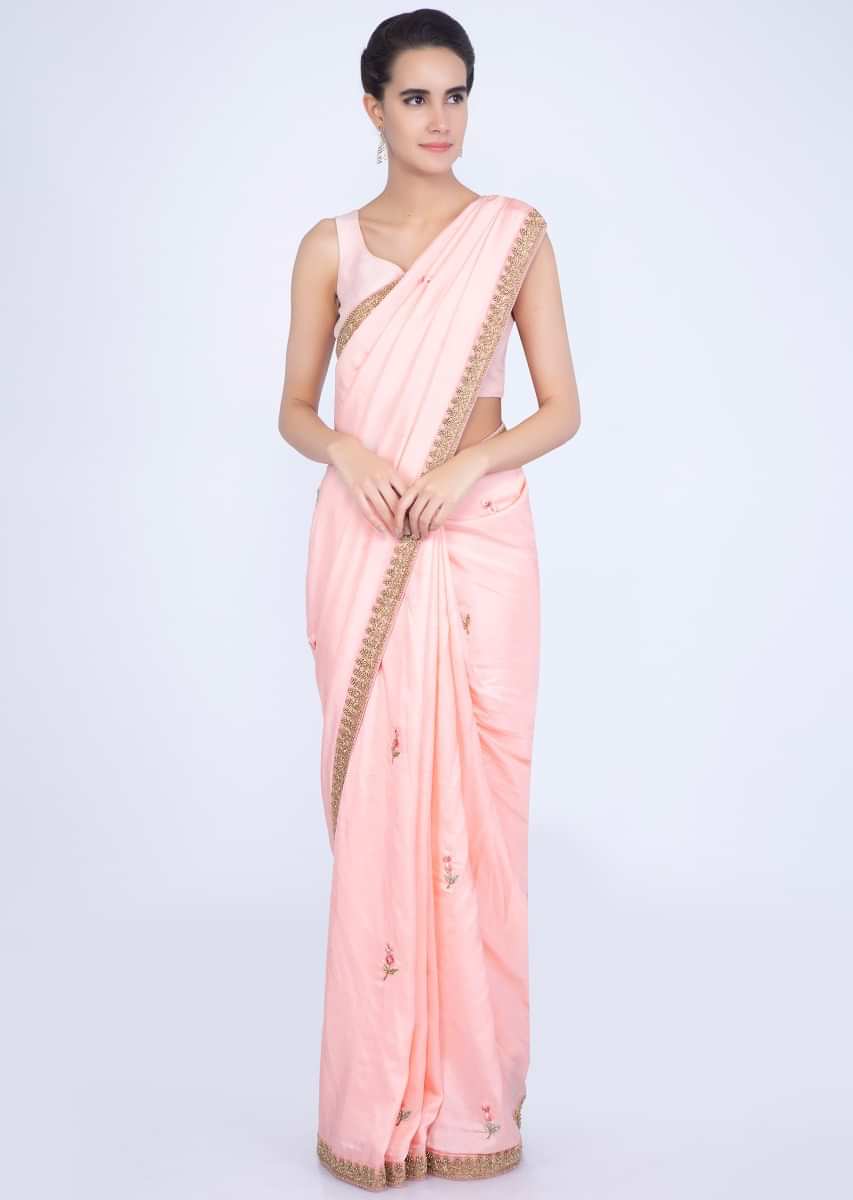 Light pink dupion silk saree with multi color embroiered butti only on Kalki