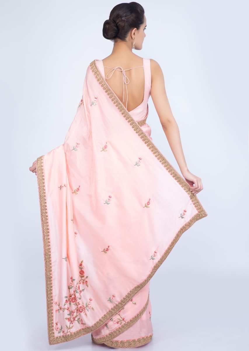 Light pink dupion silk saree with multi color embroiered butti only on Kalki