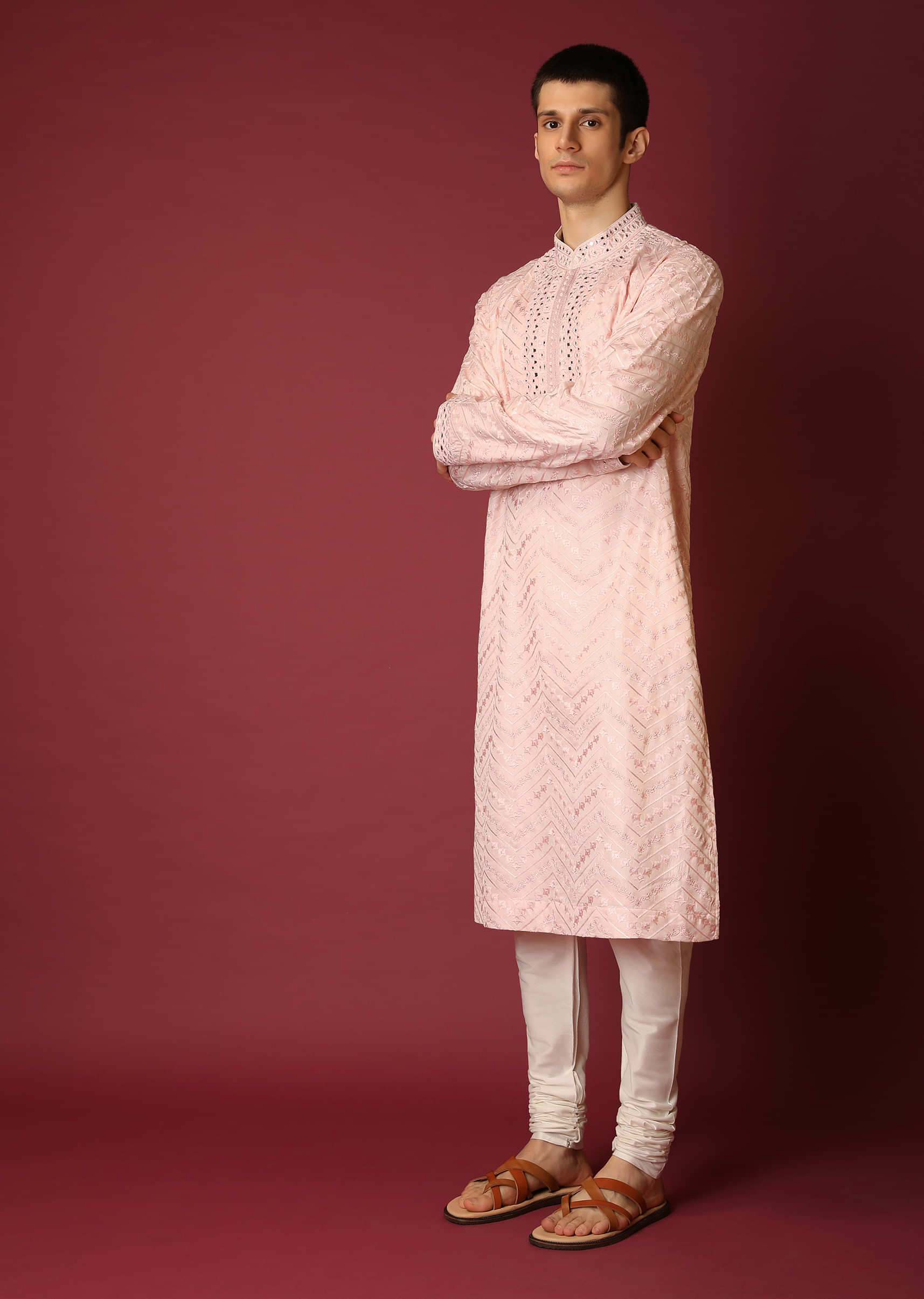 Light Pink Kurta Set In Raw Silk With Lucknowi Thread And Mirror Embroidered Floral Jaal And Chevron Design