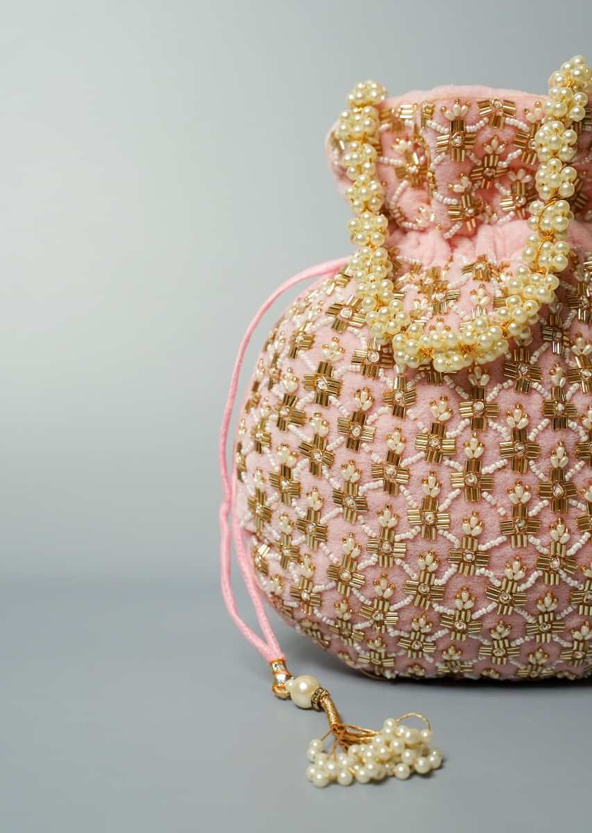 Light Pink Potli Bag In Velvet With Cut Dana And Beads Embroidered Jaal