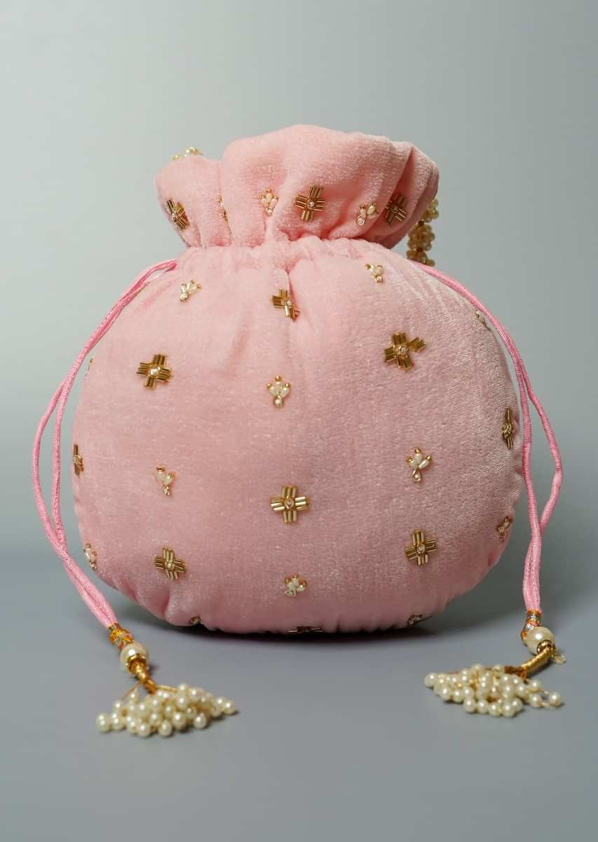 Light Pink Potli Bag In Velvet With Cut Dana And Beads Embroidered Jaal