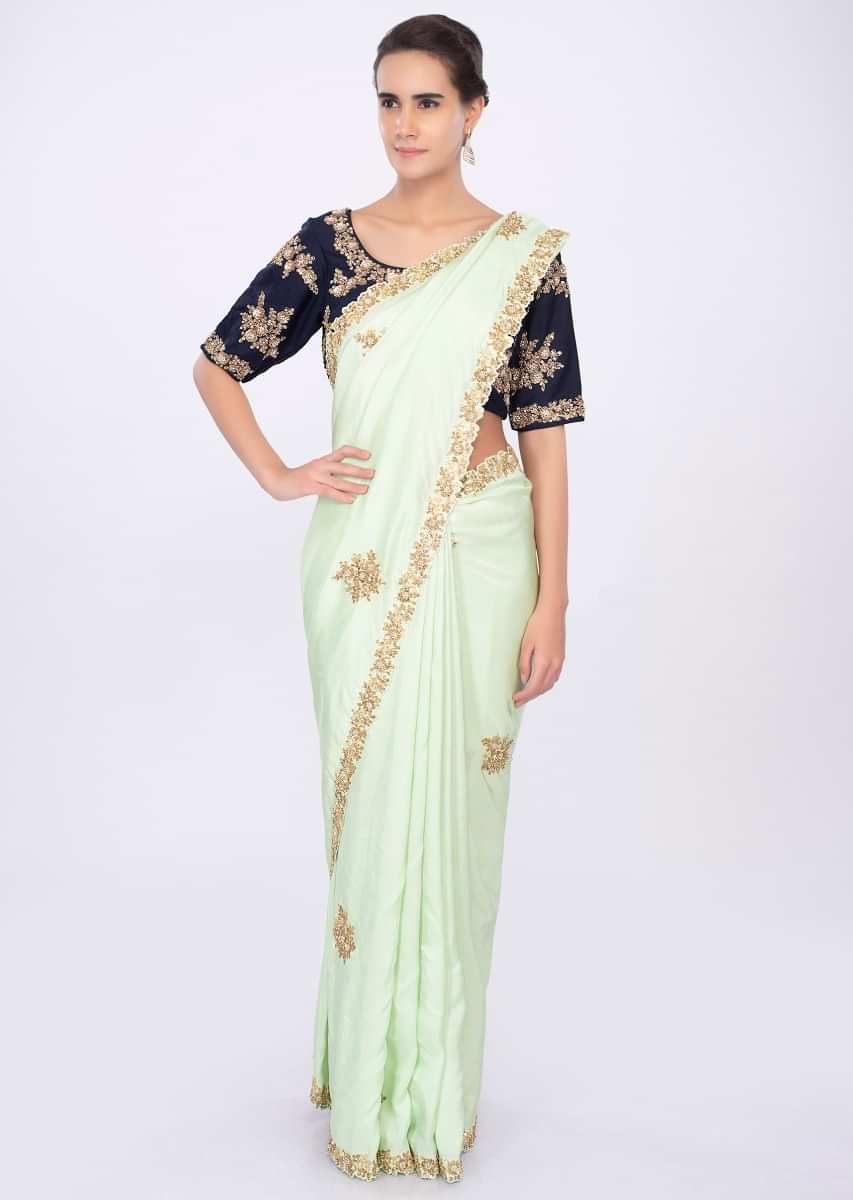 Light Pista Green Saree In Satin Silk With Embroidered Buttis Online - Kalki Fashion