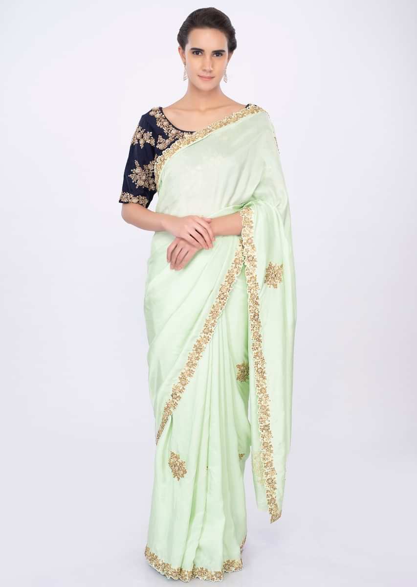 Light Pista Green Saree In Satin Silk With Embroidered Buttis Online - Kalki Fashion