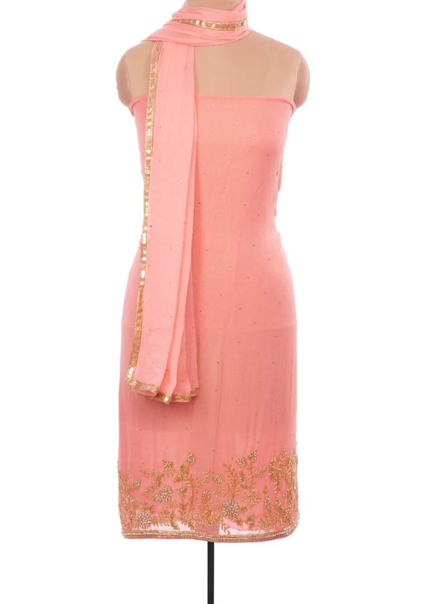 Light Salmon Pink Unstitched Suit In Embroidered Shimmer Chiffon Online - Kalki Fashion