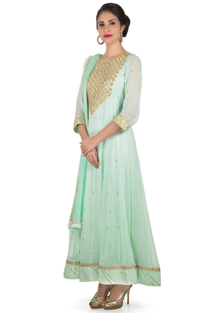 Sea blue anarkali suit in georgette with sequin embroidered placket only on Kalki